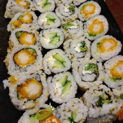 Photo of delicious homemade sushi with various flavors without seaweed