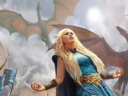 Wallpaper of Daenerys Targaryen with baby dragons painting