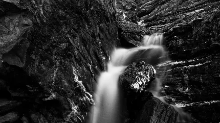 Black and White Mountain Waterfall Desktop Wallpaper