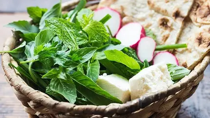 Bread cheese and herbs simplest diet meal with beautiful design