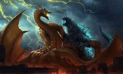 Download wallpaper of multi-headed dragons battling
