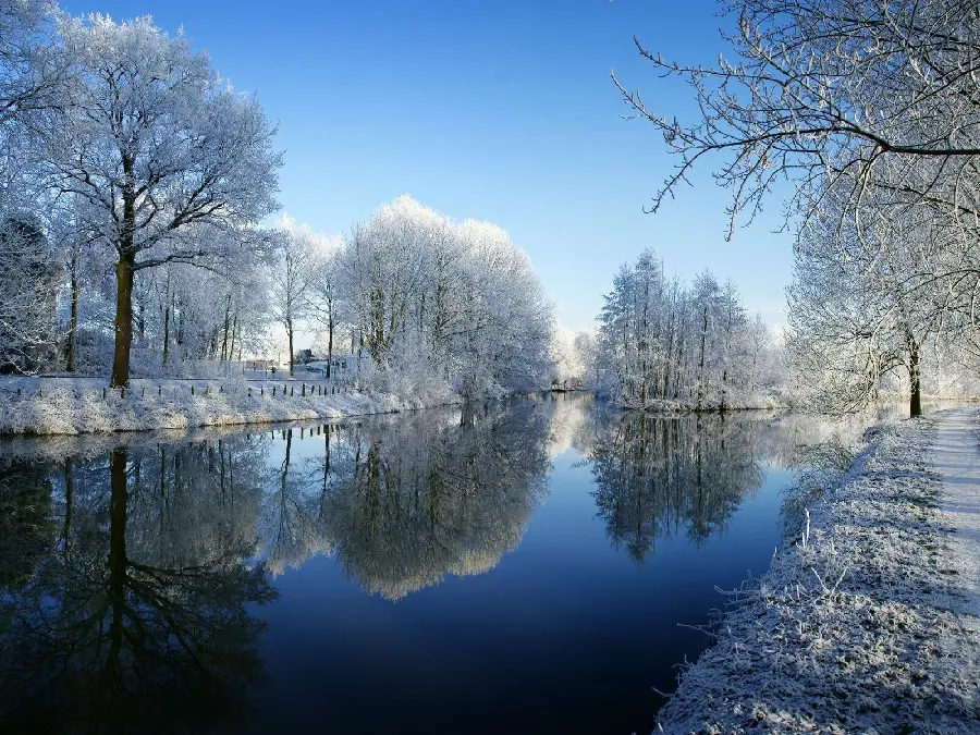 Winter profile photo of a very beautiful snowy nature and a calm river with snow-covered trees