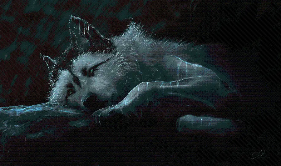 Beautiful fantasy photo of a lying wolf in high quality