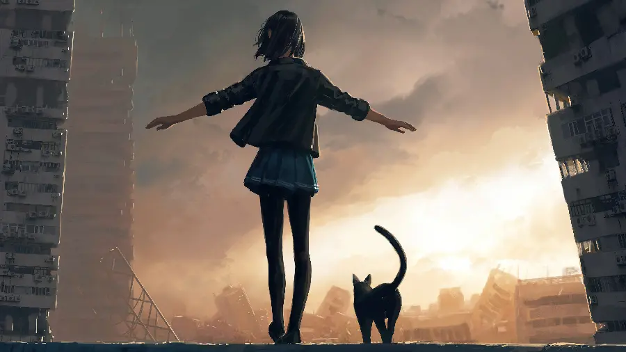 Beautiful girl and cat background in beautiful sunset