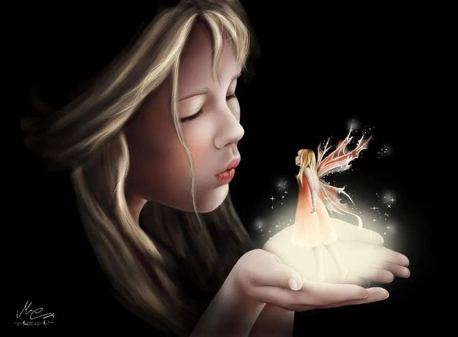 HD photo of a winged angel in the hands of a little girl