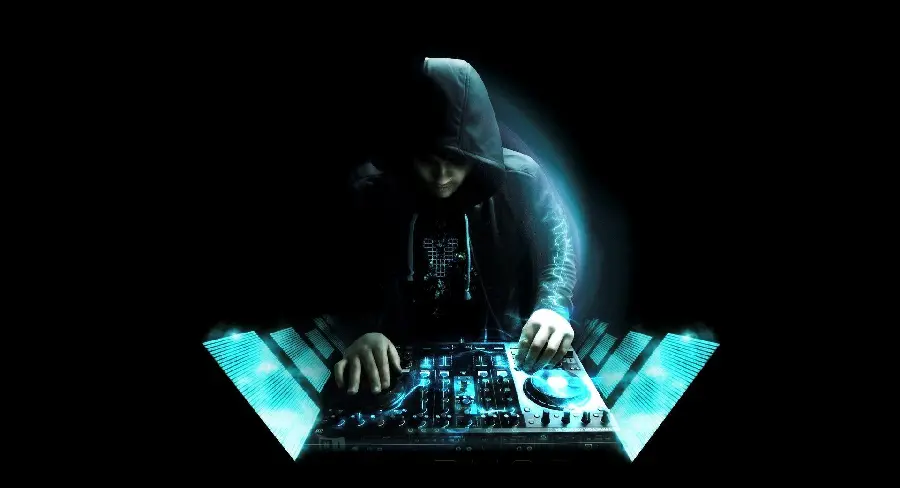 High quality photo of a cool and dumb DJ with a black background