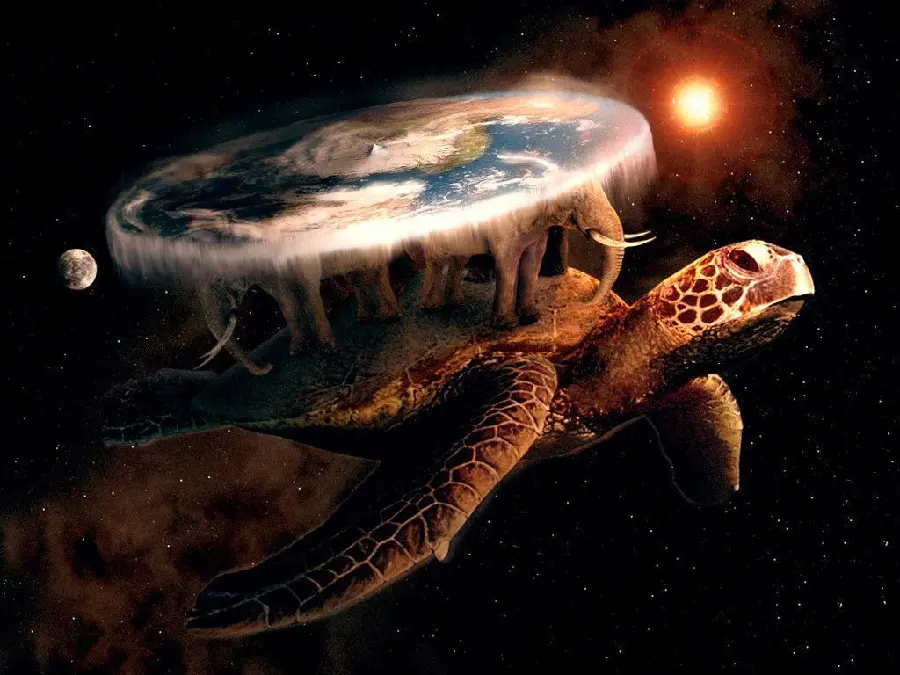 Amazing wallpaper of a flat Earth with a mix of creatures like turtles and elephants for your desktop in Full HD quality