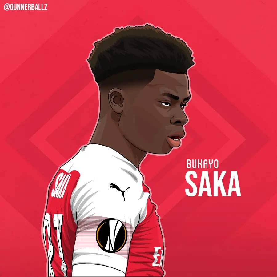 Cartoon and drawing of Bukayo Saka in Arsenal