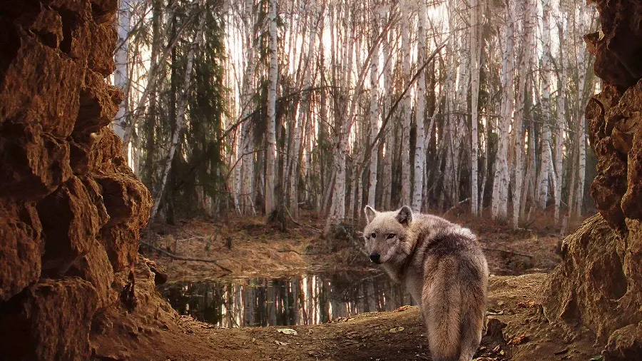 Download a beautiful background of a wolf in the forest