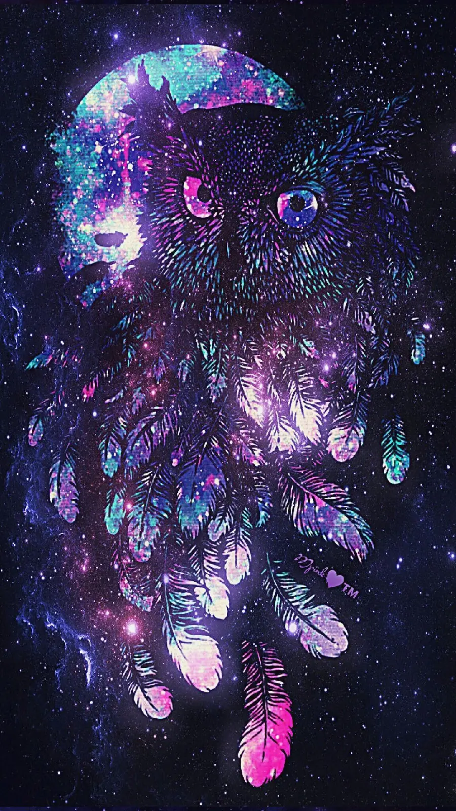 Download owl design wallpaper with a very beautiful black galaxy background
