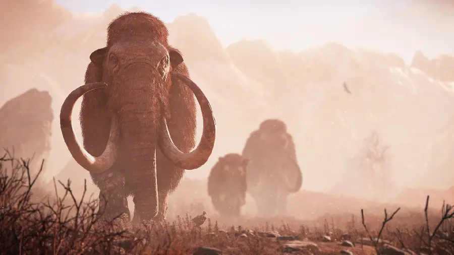 Image of a herd of hungry and thirsty mammoths in the dust