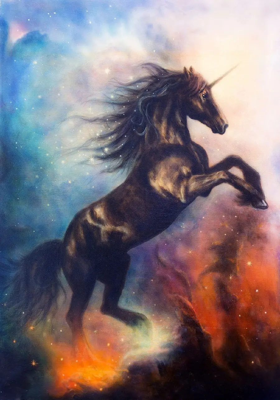 Beautiful portrait of a troubled unicorn in a world of colors