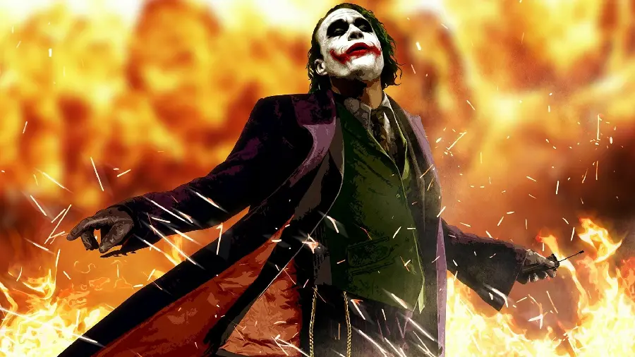 New and creepy and scary Joker photo in the movie The Dark Knight for Telegram profiles amidst the burning flames of fire