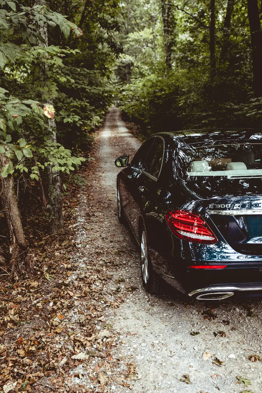 Beautiful wallpaper of a Mercedes-Benz E300 on a road with dry leaves of trees