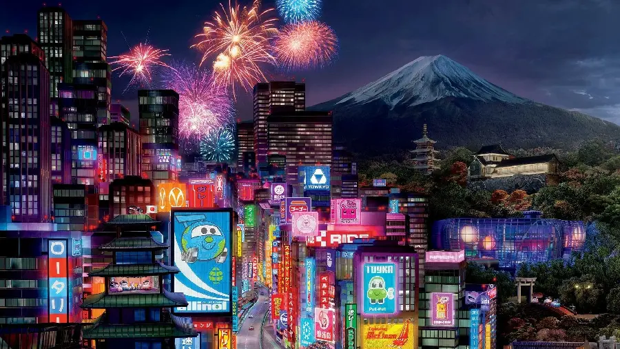 Photo of fireworks exploding in the sky of Tokyo and the beautiful Fijian mountain in the background