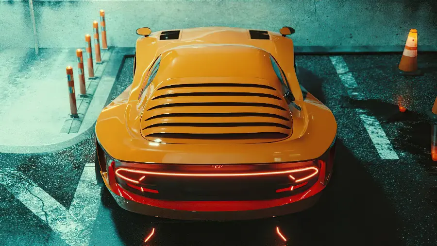 Download image of a red Dodge Challenger car from behind