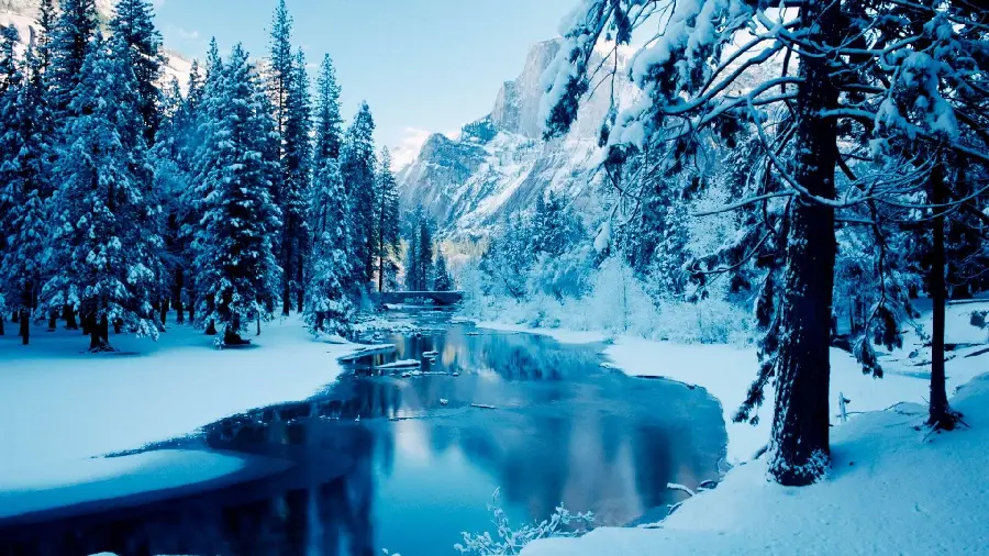 Photo of a quiet and peaceful river flowing through a snowy forest in winter