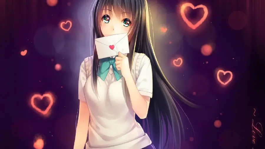 Download a cute anime photo of a loving and innocent girl with long hair and a heart background for your profile