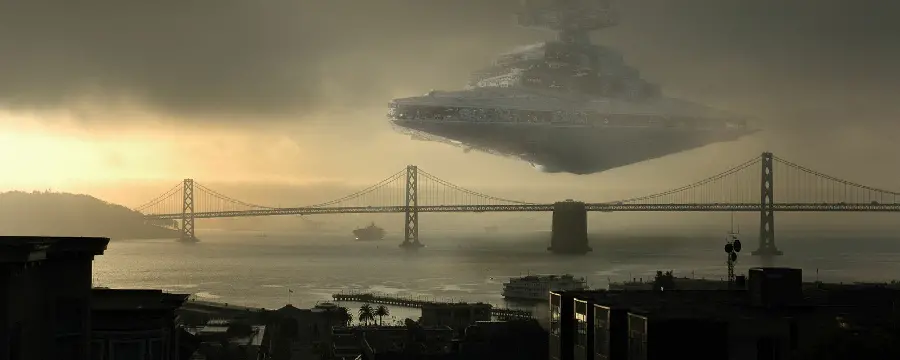 Fantasy Spaceship Flying Background for Curved and Wide Monitors