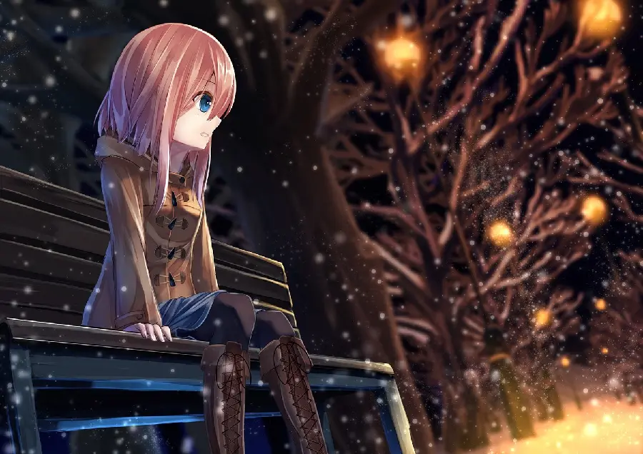 Wallpaper of a beautiful and beautiful anime girl sitting on a park bench At night
