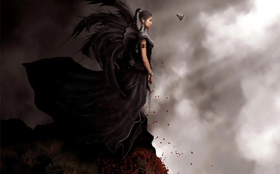 Anime HD photo of a black-haired warrior winged angel 