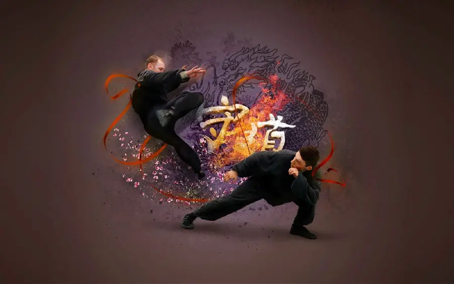 Image of a karate fight between two people in black martial arts clothes and a dragon background