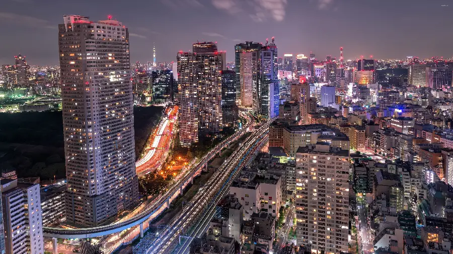Stock image of Tokyo towers and tall buildings with highways and bridges