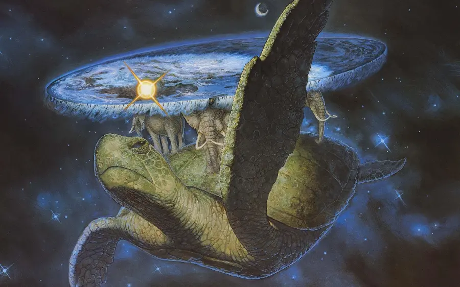 Interesting image of a turtle flying in space and elephants carrying a flat Earth with a fantasy theme and special quality