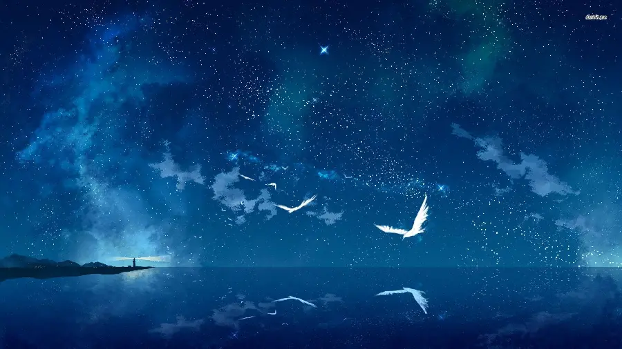 A masterpiece digital photo with a design of birds flying in a starry night over the blue ocean suitable for laptop backgrounds