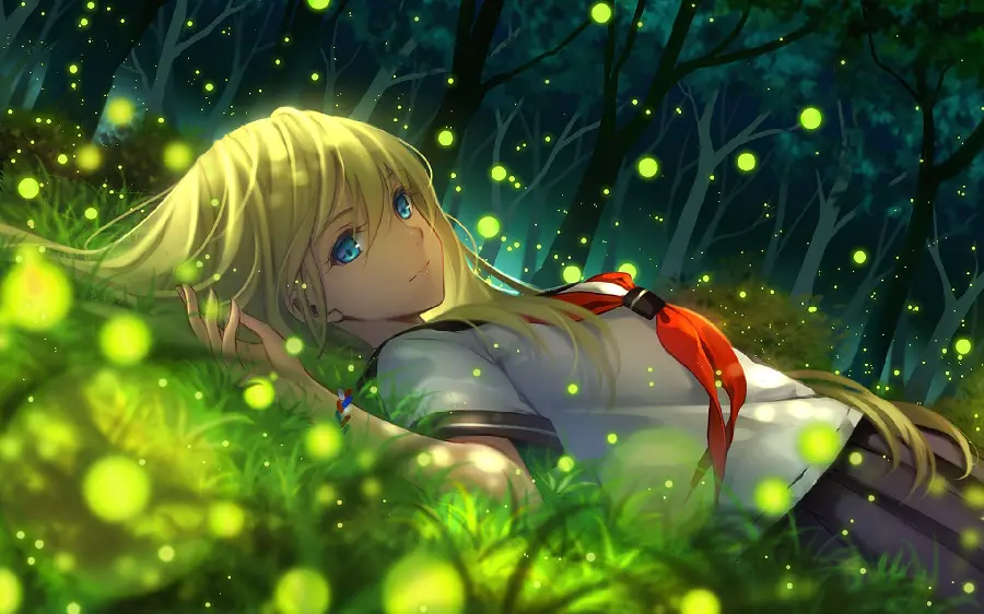 Photo of an attractive anime girl with golden hair in a school uniform in nature in Full HD quality