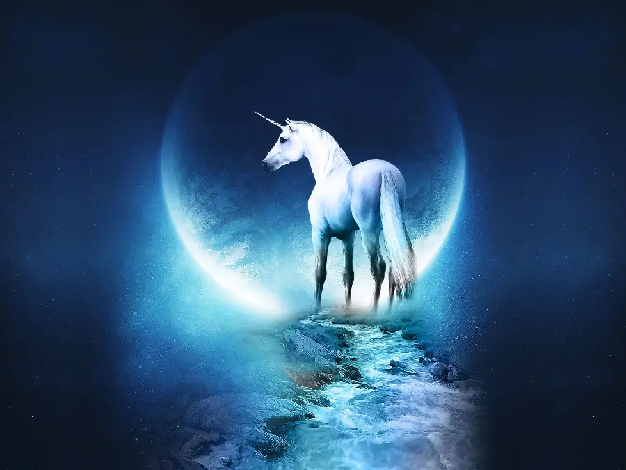 Beautiful white unicorn image in the light of the crescent moon