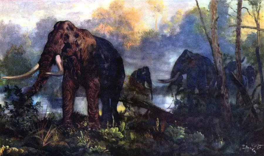Photo of a dark painting Mammoths in the dense forests