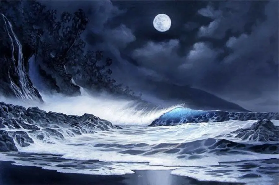 Download a beautiful painting of roaring ocean waves at night with the moon in the sky, very suitable for backgrounds