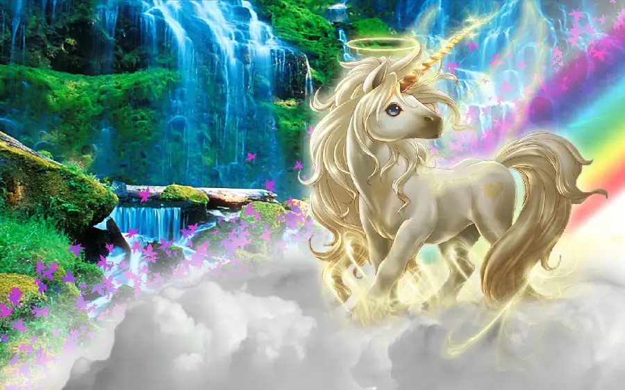 Full HD quality color photo of a golden unicorn
