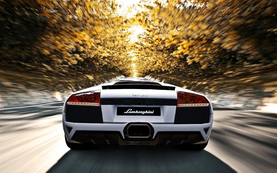 Awesome artistic image of the white Murcielago from behind on the road towards the sunlight suitable for Instagram posts and desktop wallpapers