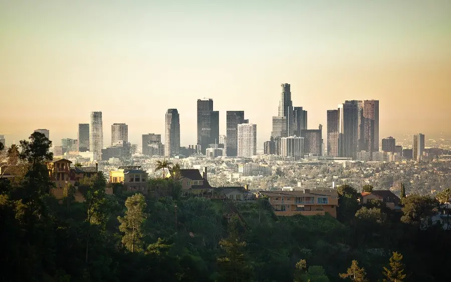 Wallpaper of downtown Los Angeles with tall office and commercial buildings