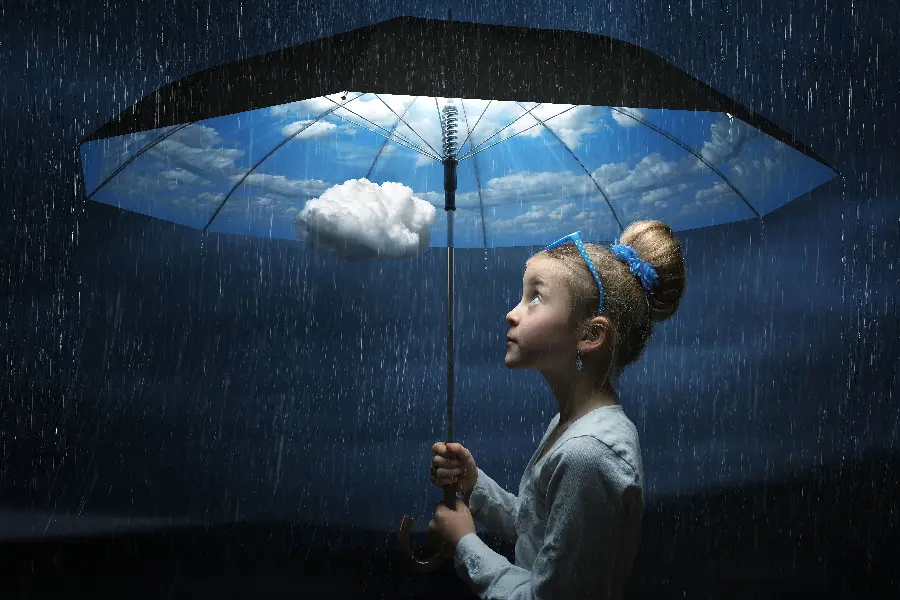 Download interesting background photo of a beautiful little girl with an umbrella From a cloudy sky under the rain for laptop wallpaper