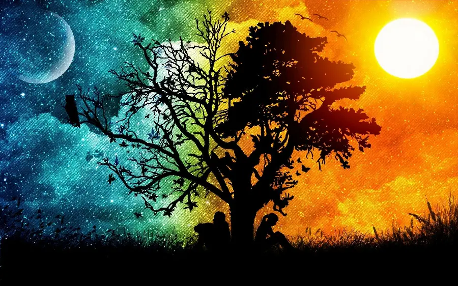 Beautiful and interesting wallpaper of the moon and the sun in a fantasy
