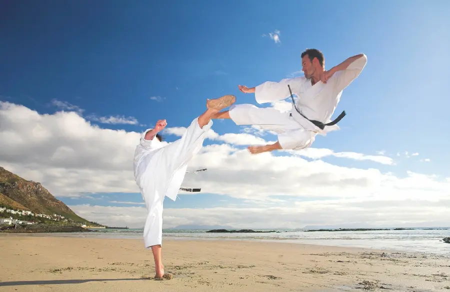 Stock image of karateka fighting and the famous flying yeti kick in high quality