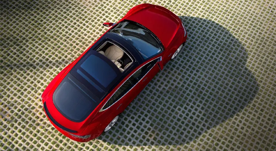 Photo from above of an attractive Tesla car