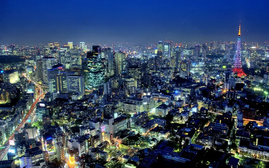 Beautiful photo of the Tokyo metropolis at night with bright lights for computer background