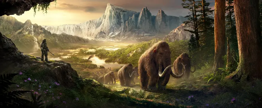 A herd of sad mammoths driven from their territory