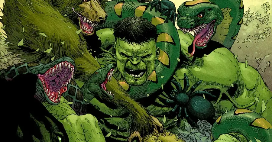 Painted picture of the battle between the Hulk and the multi-headed dragon