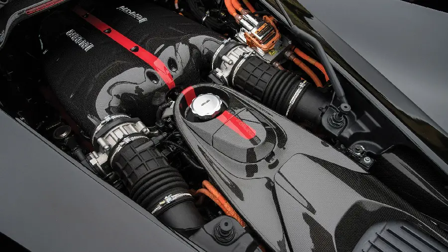 Photo of the components inside the hood and gasoline engine of the Ferrari super sports car