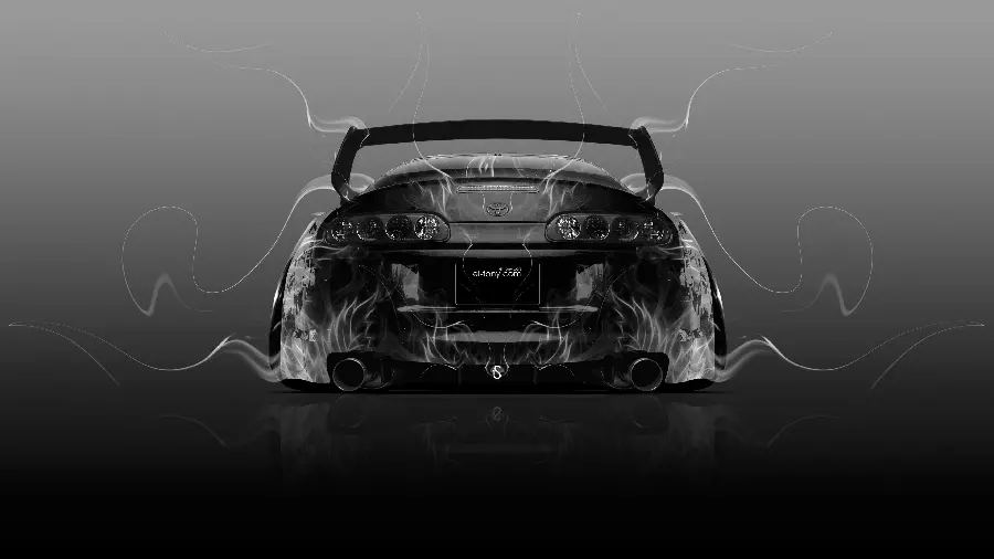 Fantasy and creepy wallpaper of a black Toyota Supra car with a gray background