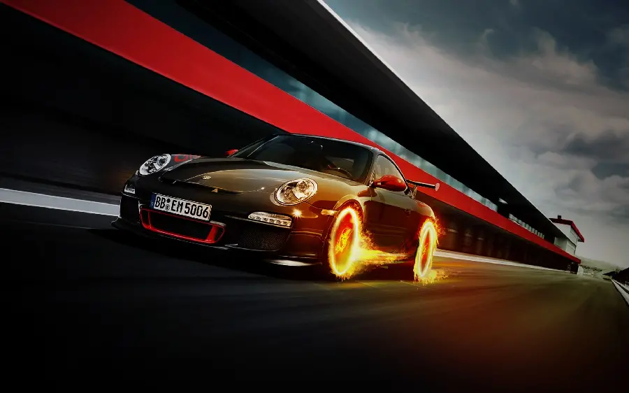Photo of Porsche 911 GT3 racing with fiery rims for tablet background