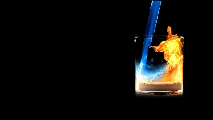 High-quality and creative wallpaper of a blue glass composed of fire and water