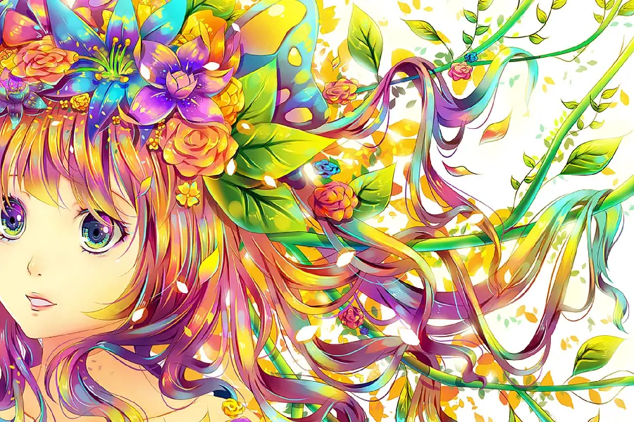Download special and beautiful computer wallpaper of a girl with long colored hair and a flower in very high quality