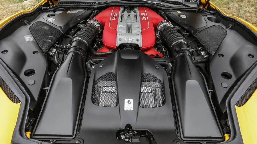 Photo of the V12 engine or the twelve-cylinder engine of a Ferrari