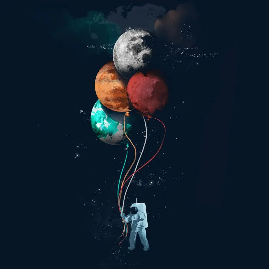 Minimal photo of an astronaut with balloons of the Earth, Mars and Jupiter